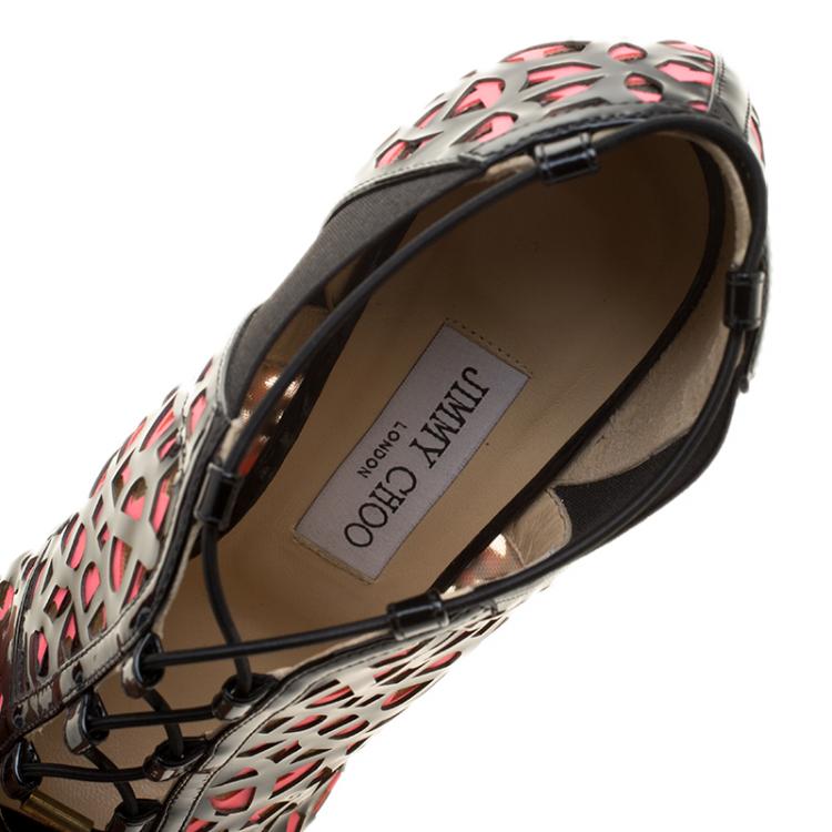 Pre Owned Jimmy Choo Two Tone Laser Cut Leather and Fabric Tactic Lace Up Booties Size 39.5