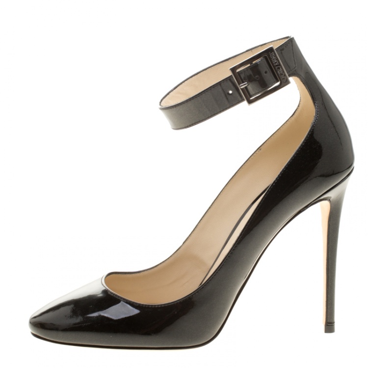 Pre Owned Jimmy Choo Black Glitter Patent Leather Helena  Ankle Strap Pumps Size 41