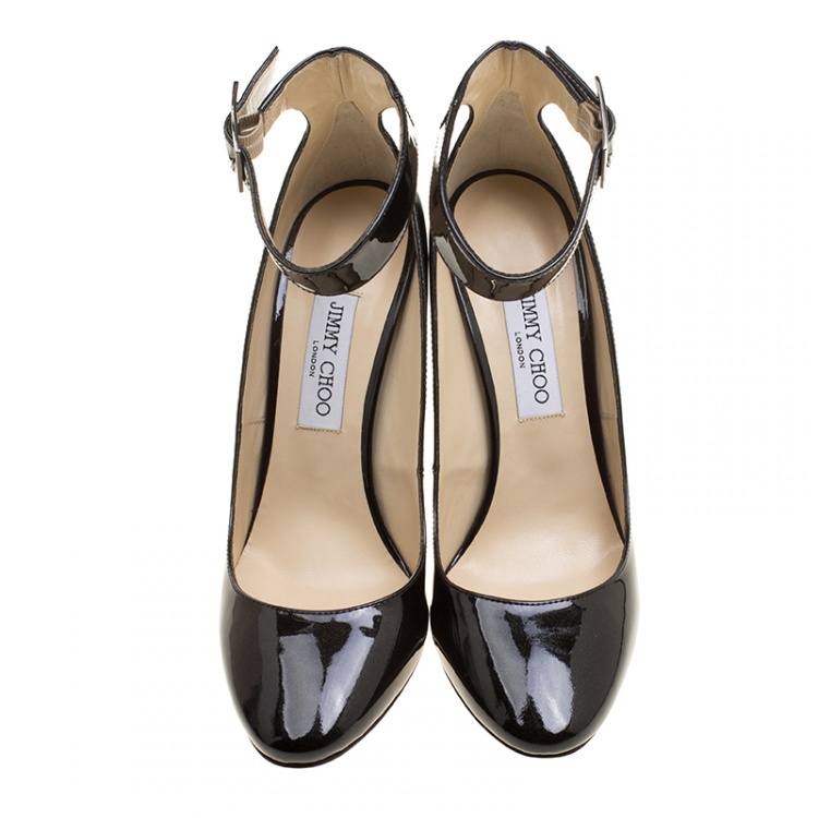 Pre Owned Jimmy Choo Black Glitter Patent Leather Helena  Ankle Strap Pumps Size 41