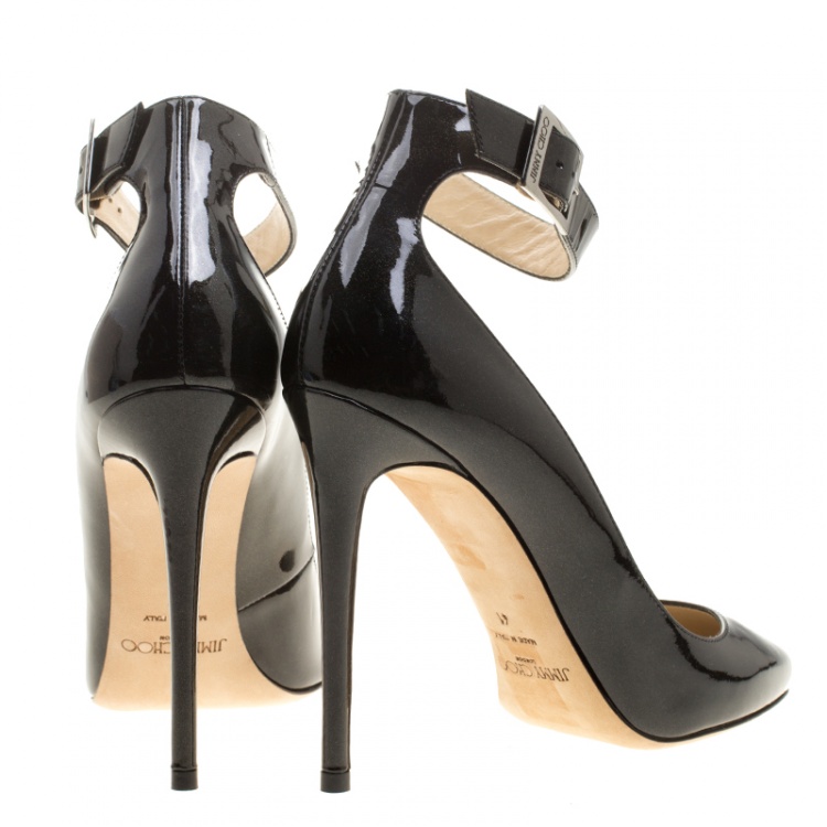 Pre Owned Jimmy Choo Black Glitter Patent Leather Helena  Ankle Strap Pumps Size 41