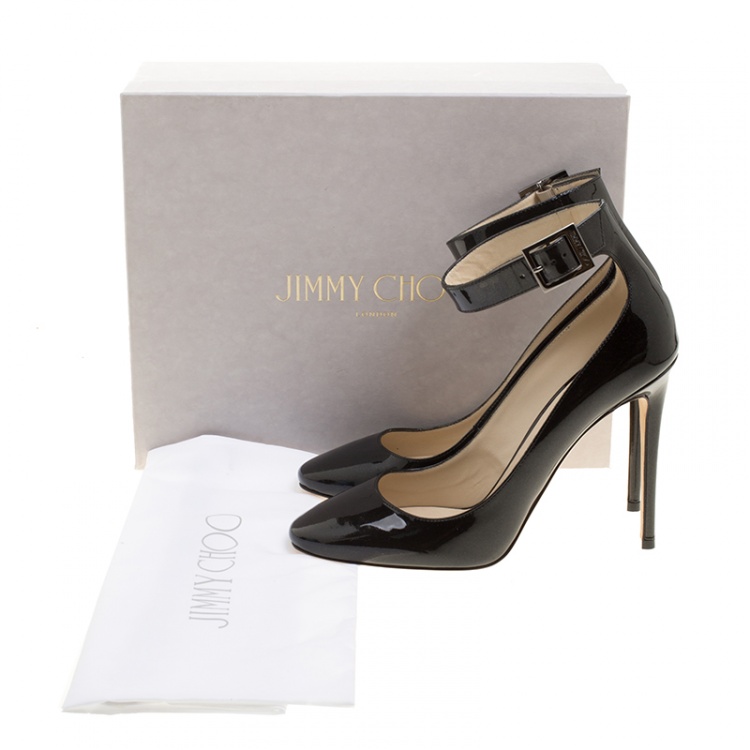 Pre Owned Jimmy Choo Black Glitter Patent Leather Helena  Ankle Strap Pumps Size 41