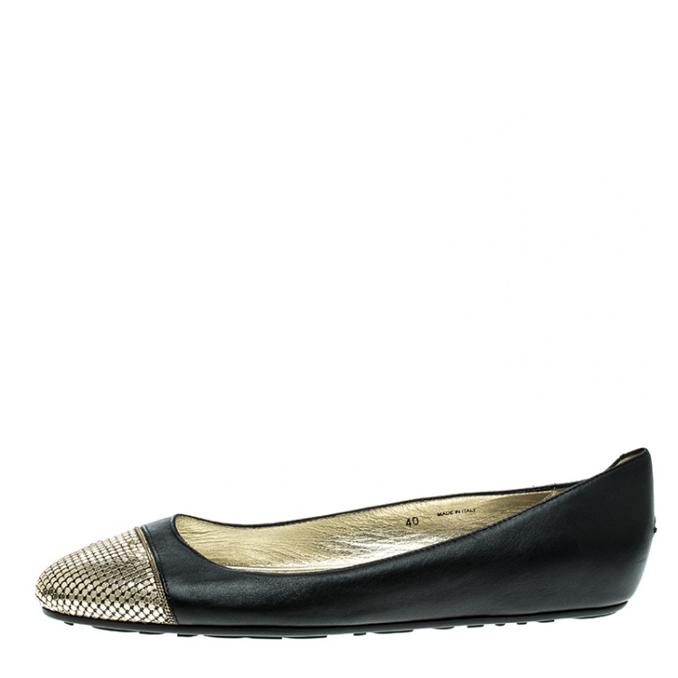 مملوكة مسبقًا Jimmy Choo Black Leather Waine Embellished Cap Toe Ballet Flats Size 40