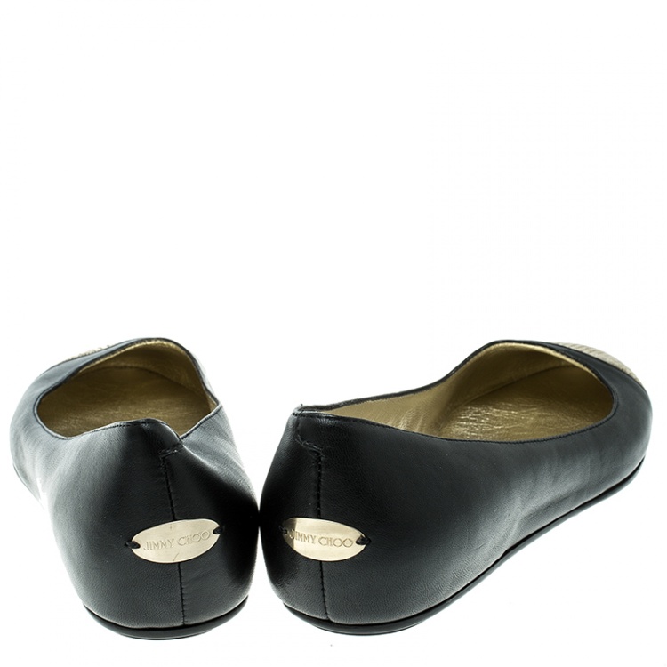 مملوكة مسبقًا Jimmy Choo Black Leather Waine Embellished Cap Toe Ballet Flats Size 40