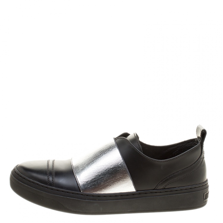 Pre Owned Jimmy Choo Black and Silver Leather Boston Slip On Sneakers Size 35.5