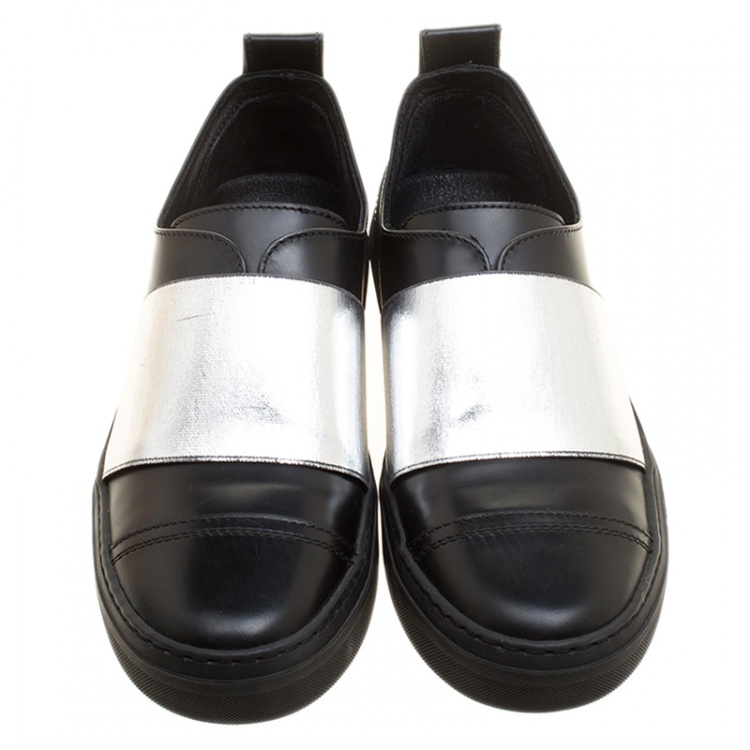 Pre Owned Jimmy Choo Black and Silver Leather Boston Slip On Sneakers Size 35.5