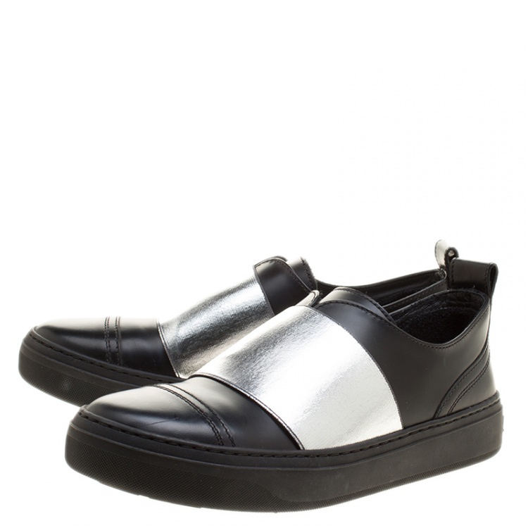 Pre Owned Jimmy Choo Black and Silver Leather Boston Slip On Sneakers Size 35.5