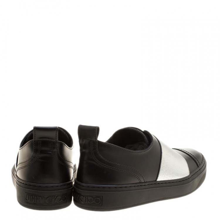 Pre Owned Jimmy Choo Black and Silver Leather Boston Slip On Sneakers Size 35.5