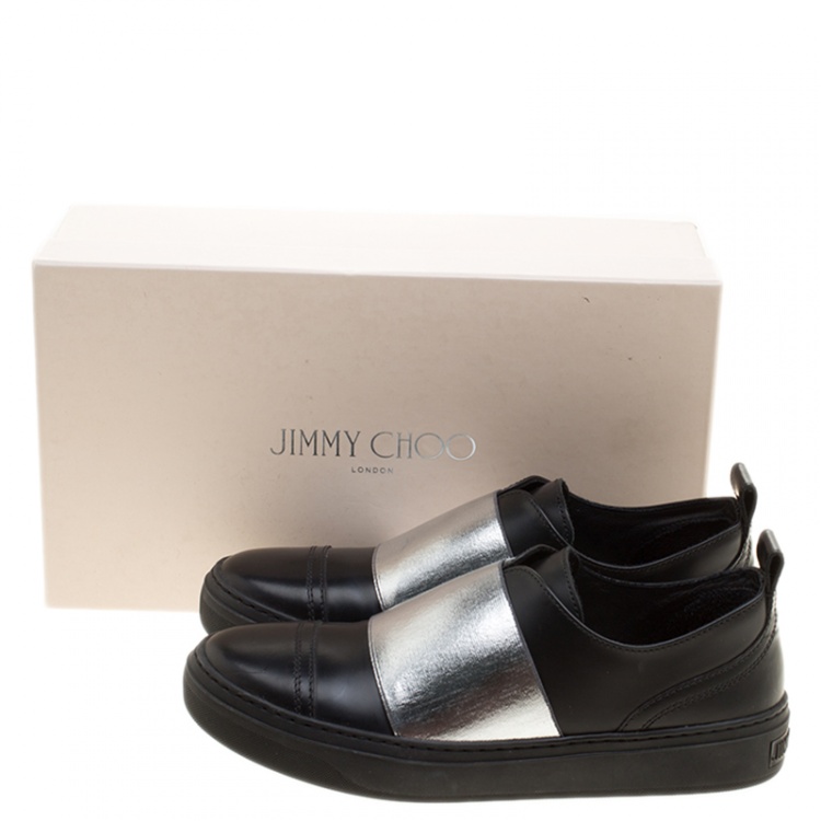 Pre Owned Jimmy Choo Black and Silver Leather Boston Slip On Sneakers Size 35.5