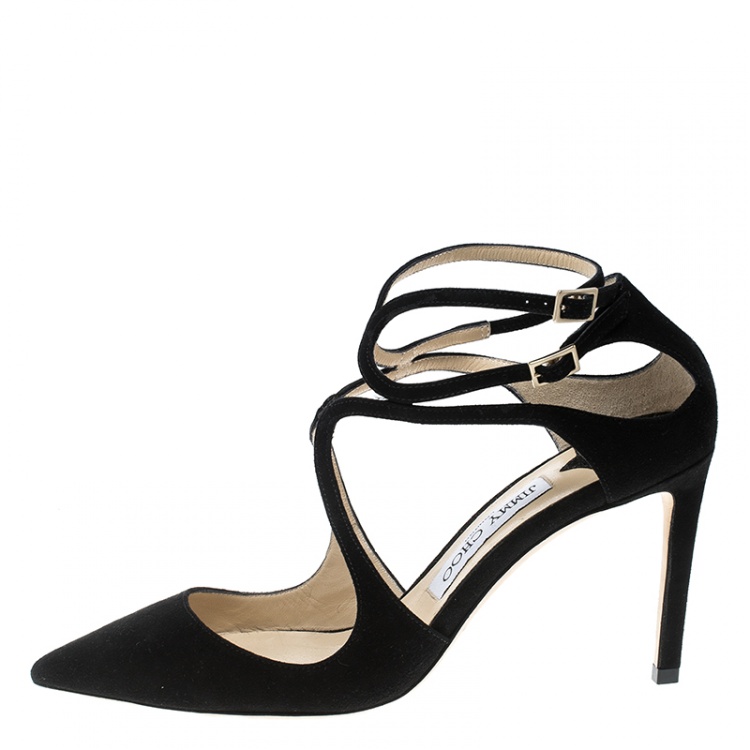 Pre Owned Jimmy Choo Black Suede Lancer Ankle Strap Pointed Toe Pumps Size 38