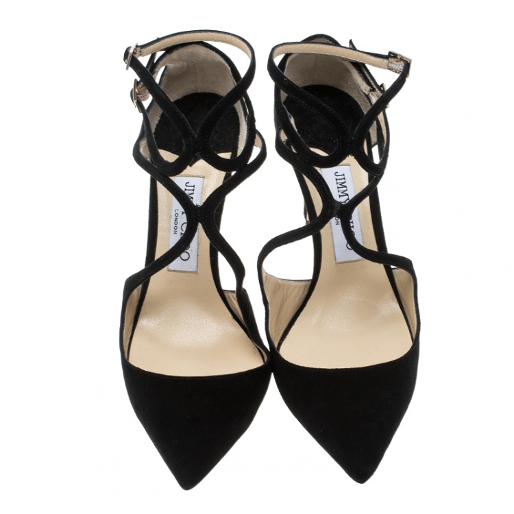 Pre Owned Jimmy Choo Black Suede Lancer Ankle Strap Pointed Toe Pumps Size 38