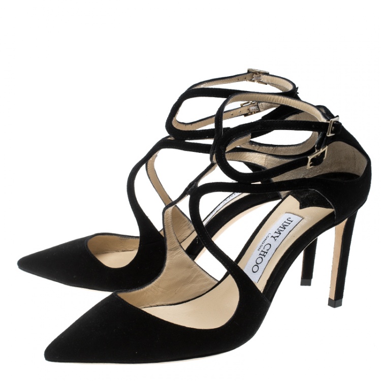 Pre Owned Jimmy Choo Black Suede Lancer Ankle Strap Pointed Toe Pumps Size 38