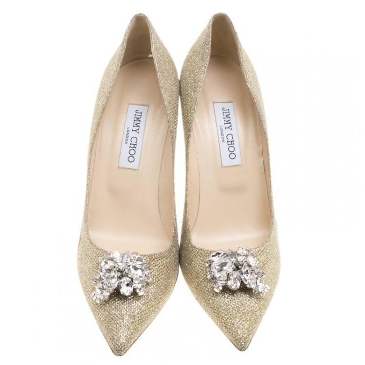 Pre Owned Jimmy Choo Metallic Gold Lamè Glitter Fabric Mamey Crystal Embellished Pointed Toe Pumps Size 42