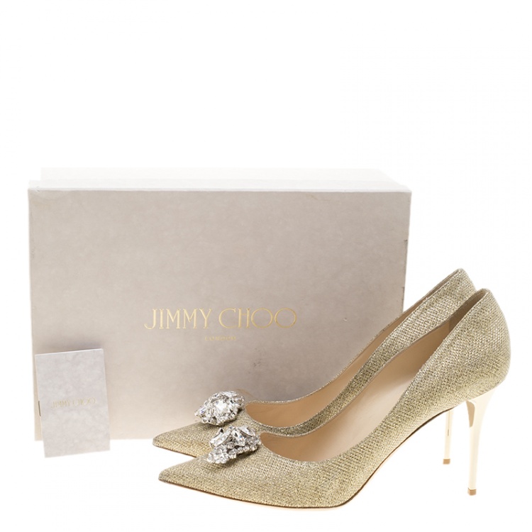 Pre Owned Jimmy Choo Metallic Gold Lamè Glitter Fabric Mamey Crystal Embellished Pointed Toe Pumps Size 42
