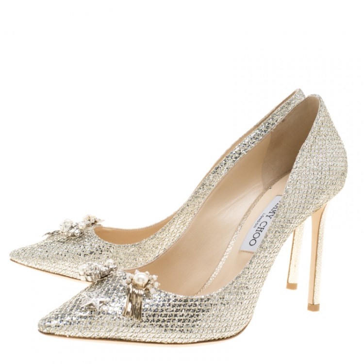 Pre Owned Jimmy Choo Metallic Champagne Glitter Fabric Jasmine Crystal Embellished Pointed Toe Pumps Size 41