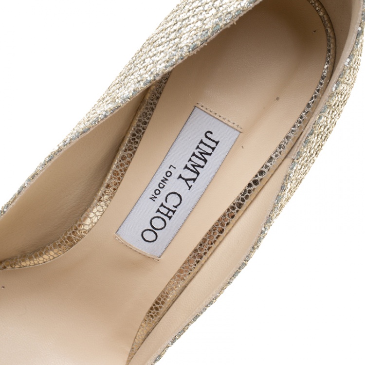 Pre Owned Jimmy Choo Metallic Champagne Glitter Fabric Jasmine Crystal Embellished Pointed Toe Pumps Size 41