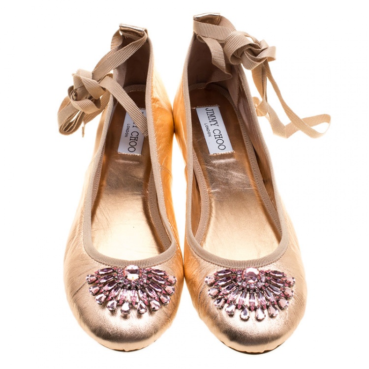 Pre Owned Jimmy Choo Metallic Rose Leather Grace Crystal Embellished Ankle Wrap Ballet Flats Size 40