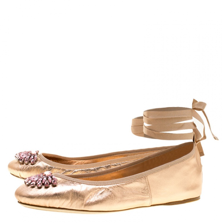 Pre Owned Jimmy Choo Metallic Rose Leather Grace Crystal Embellished Ankle Wrap Ballet Flats Size 40