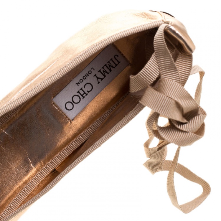 Pre Owned Jimmy Choo Metallic Rose Leather Grace Crystal Embellished Ankle Wrap Ballet Flats Size 40