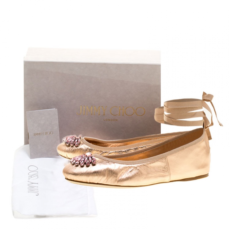 Pre Owned Jimmy Choo Metallic Rose Leather Grace Crystal Embellished Ankle Wrap Ballet Flats Size 40