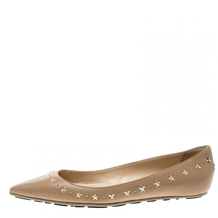 Pre Owned Jimmy Choo Beige Leather Windsor Star Embellished Pointed Toe Flats Size 40