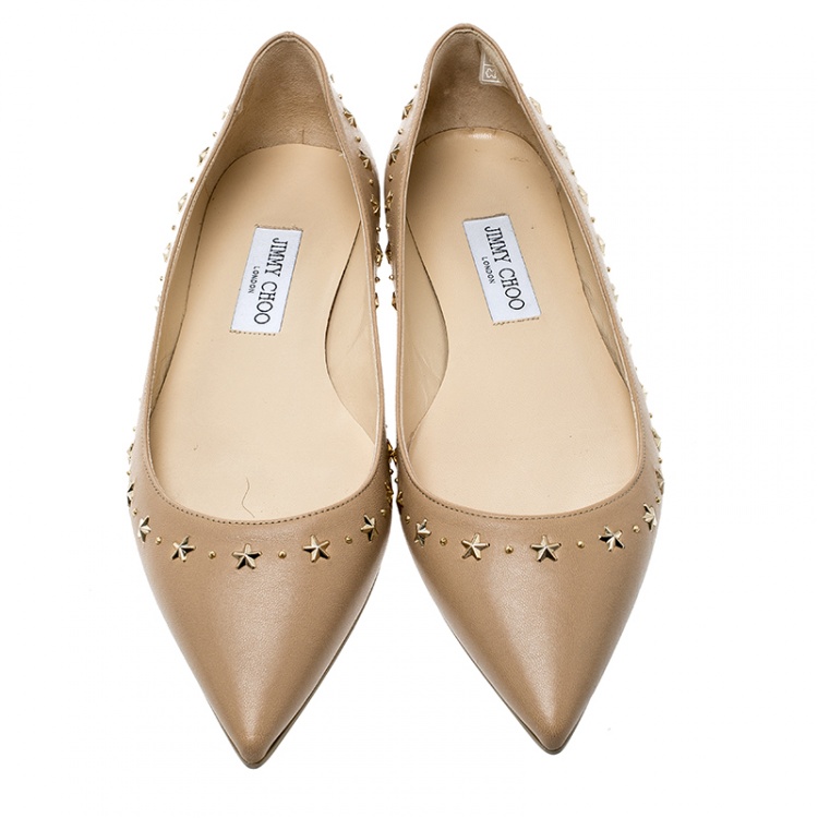 Pre Owned Jimmy Choo Beige Leather Windsor Star Embellished Pointed Toe Flats Size 40