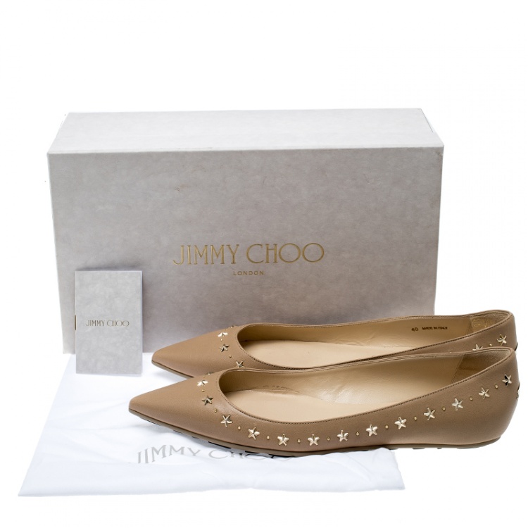 Pre Owned Jimmy Choo Beige Leather Windsor Star Embellished Pointed Toe Flats Size 40
