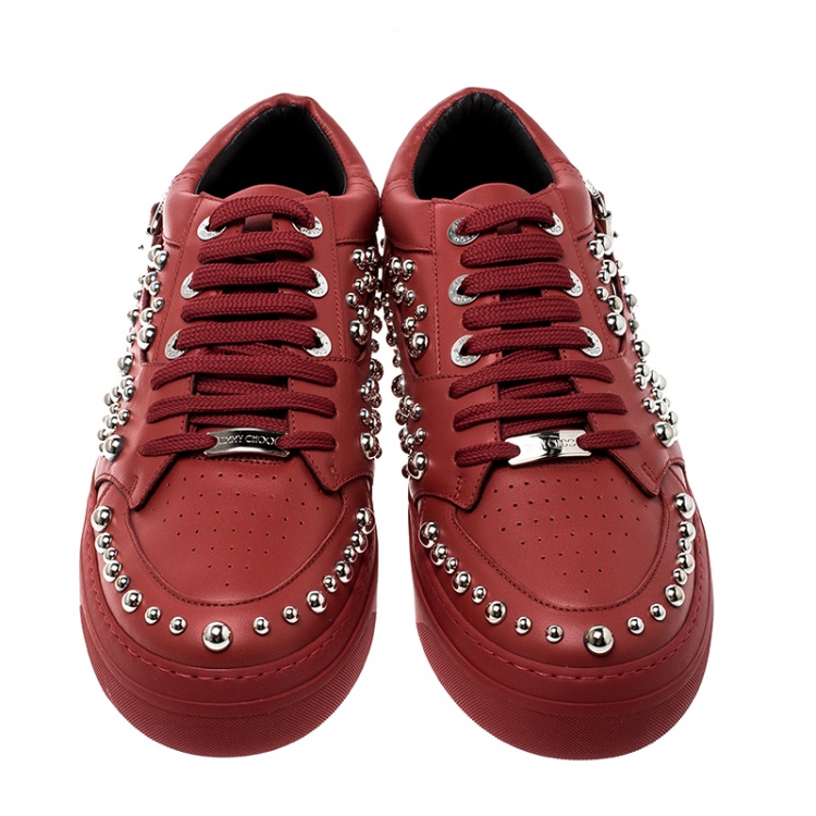 Pre Owned Jimmy Choo Red Studded Leather Roman Sneakers Size 42