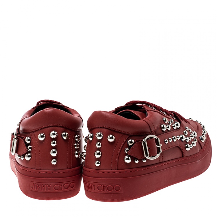 Pre Owned Jimmy Choo Red Studded Leather Roman Sneakers Size 42