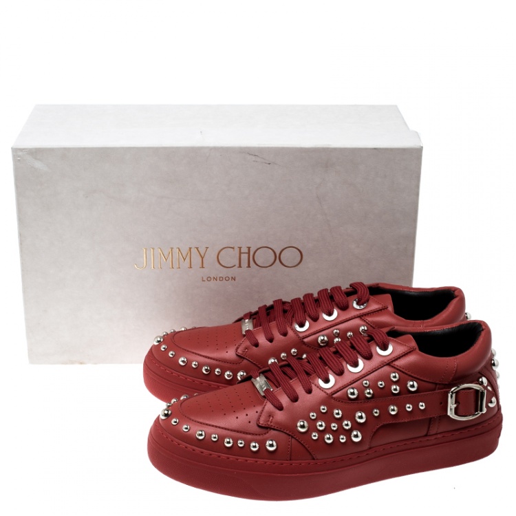 Pre Owned Jimmy Choo Red Studded Leather Roman Sneakers Size 42