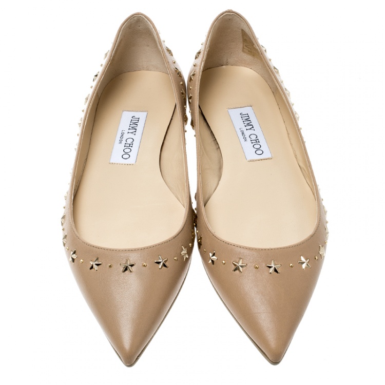 Pre Owned Jimmy Choo Beige Leather Windsor Star Embellished Pointed Toe Flats Size 37.5