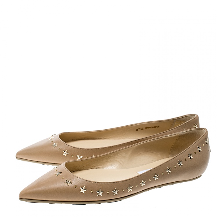 Pre Owned Jimmy Choo Beige Leather Windsor Star Embellished Pointed Toe Flats Size 37.5