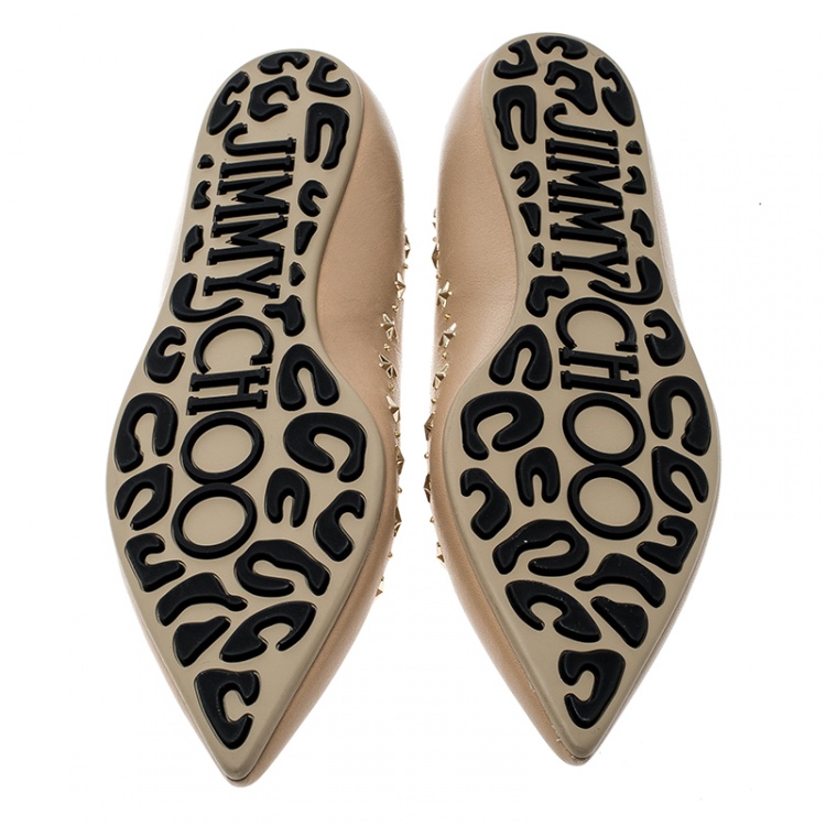 Pre Owned Jimmy Choo Beige Leather Windsor Star Embellished Pointed Toe Flats Size 37.5