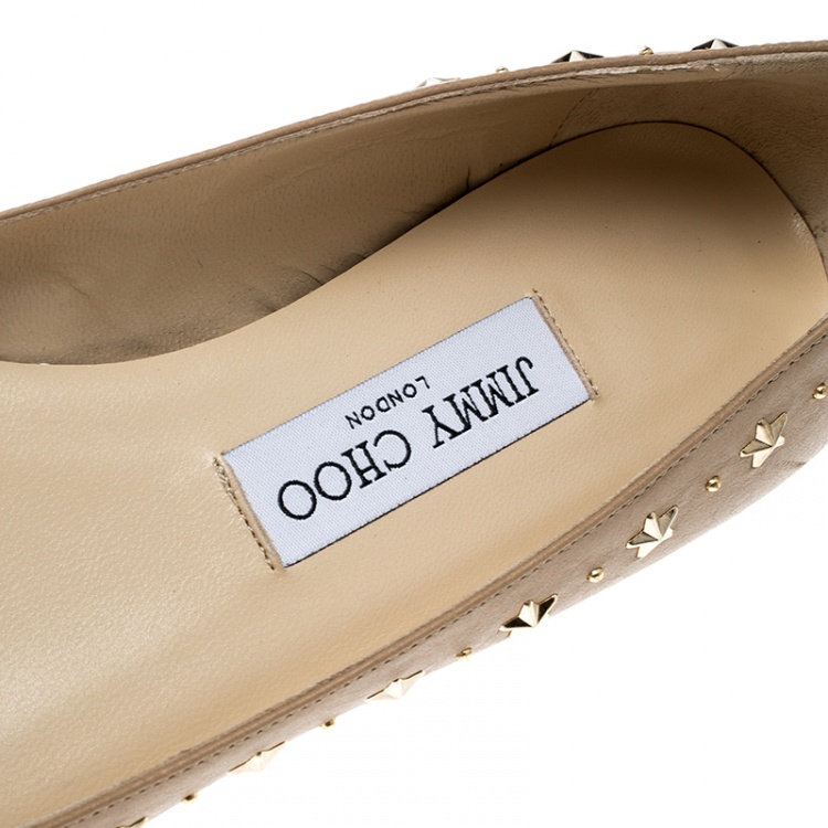 Pre Owned Jimmy Choo Beige Leather Windsor Star Embellished Pointed Toe Flats Size 37.5