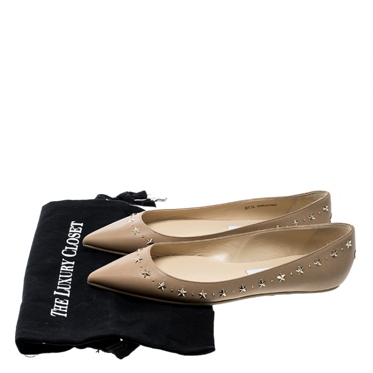 Pre Owned Jimmy Choo Beige Leather Windsor Star Embellished Pointed Toe Flats Size 37.5