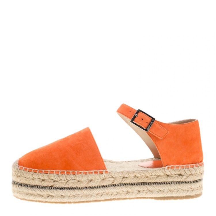 Pre Owned Jimmy Choo Pop Orange Suede Delphine Ankle Strap Espadrille Platform Flats Size 41