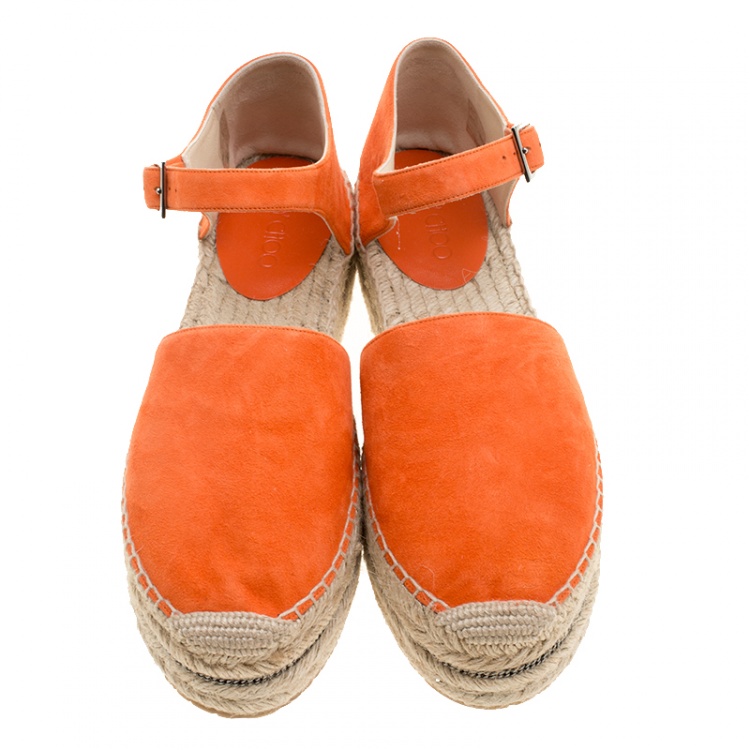 Pre Owned Jimmy Choo Pop Orange Suede Delphine Ankle Strap Espadrille Platform Flats Size 41