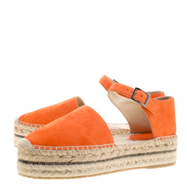 Pre Owned Jimmy Choo Pop Orange Suede Delphine Ankle Strap Espadrille Platform Flats Size 41