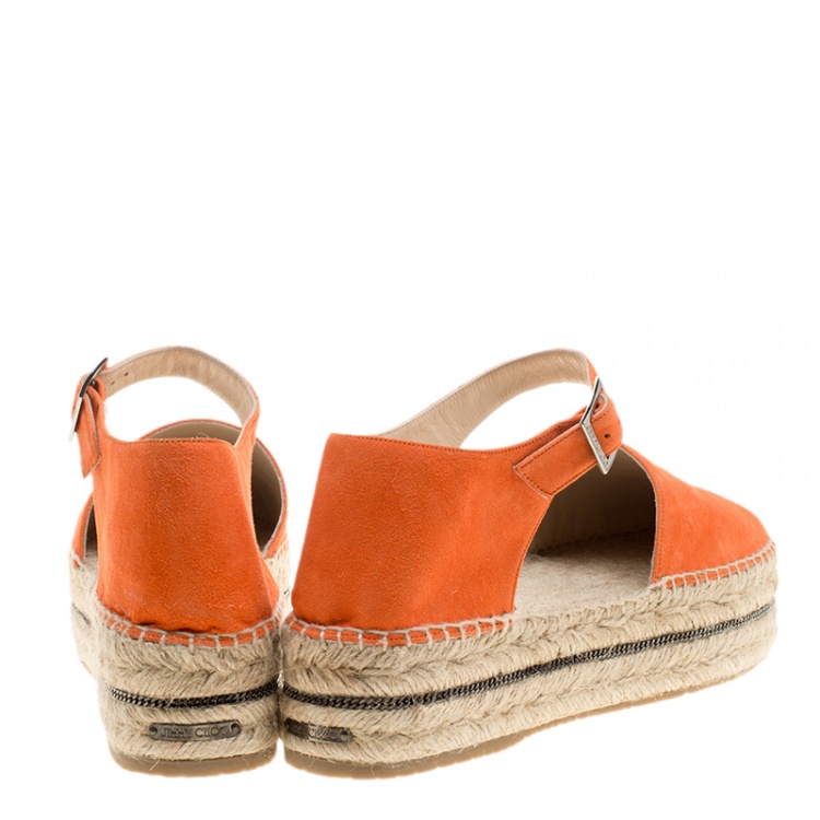 Pre Owned Jimmy Choo Pop Orange Suede Delphine Ankle Strap Espadrille Platform Flats Size 41