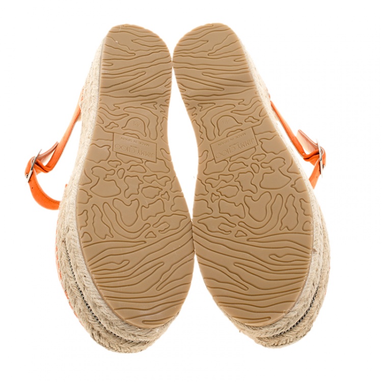 Pre Owned Jimmy Choo Pop Orange Suede Delphine Ankle Strap Espadrille Platform Flats Size 41