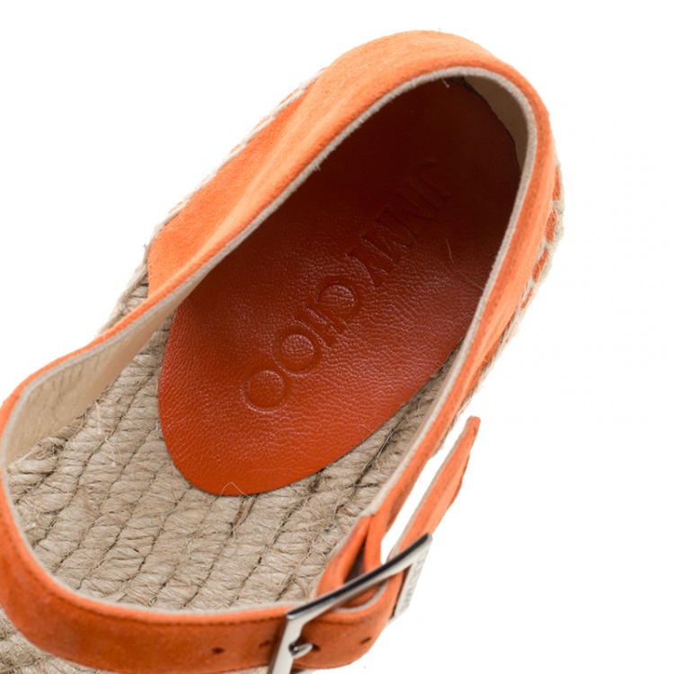 Pre Owned Jimmy Choo Pop Orange Suede Delphine Ankle Strap Espadrille Platform Flats Size 41