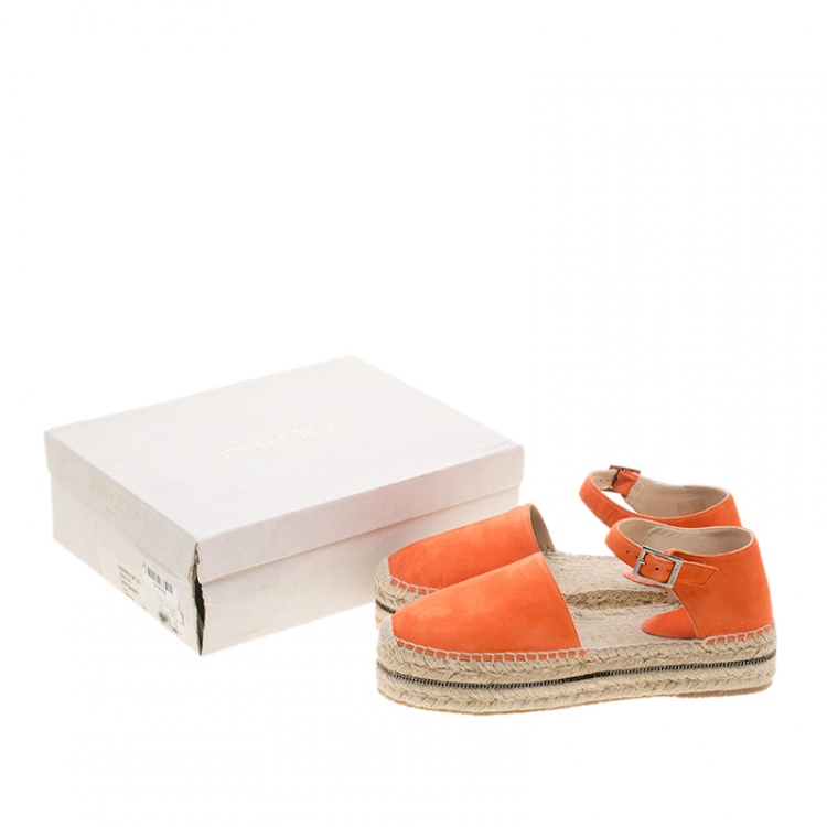 Pre Owned Jimmy Choo Pop Orange Suede Delphine Ankle Strap Espadrille Platform Flats Size 41