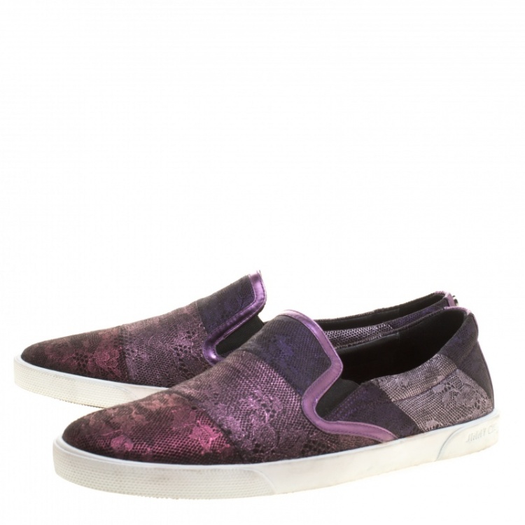 Pre Owned Jimmy Choo Metallic Purple Lace Demi Slip On Sneakers Size 41