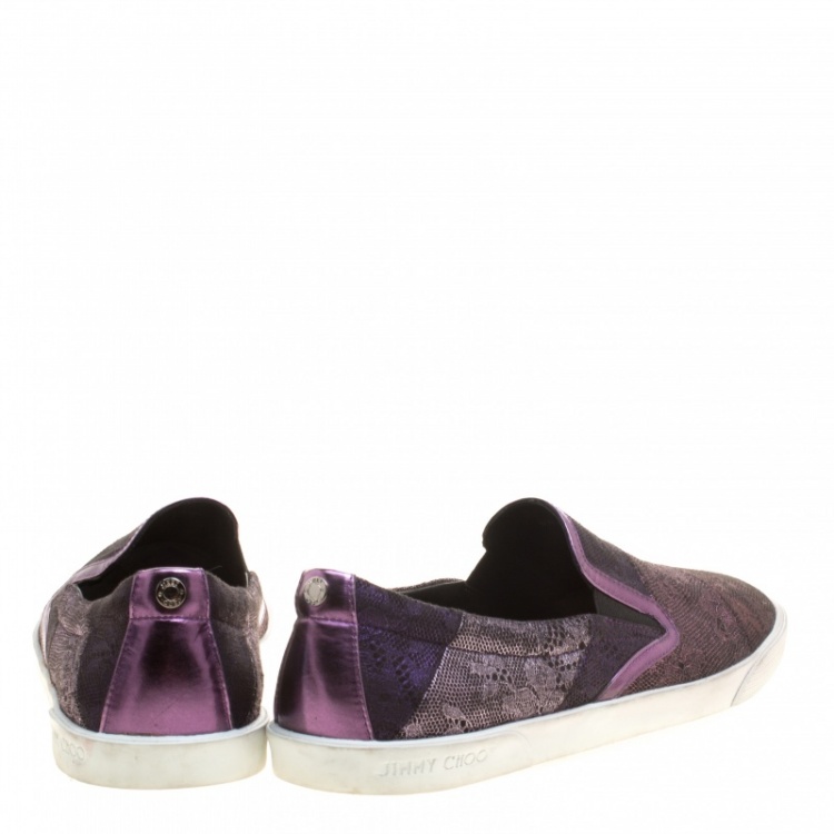 Pre Owned Jimmy Choo Metallic Purple Lace Demi Slip On Sneakers Size 41