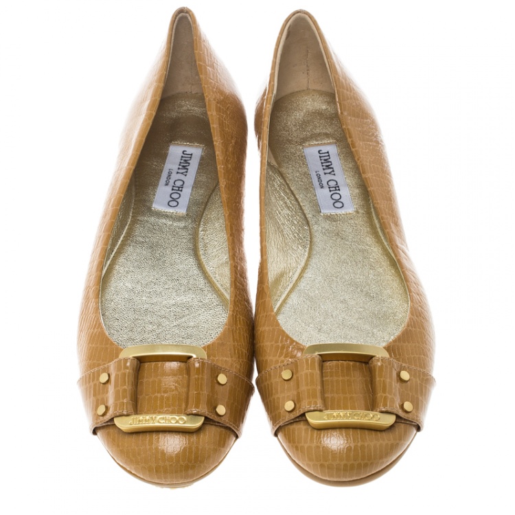 Pre Owned Jimmy Choo Beige Lizard Embossed Leather Morse Buckle Detail Ballet Flats Size 41