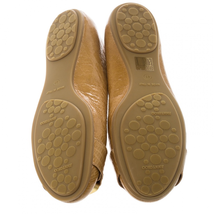 Pre Owned Jimmy Choo Beige Lizard Embossed Leather Morse Buckle Detail Ballet Flats Size 41