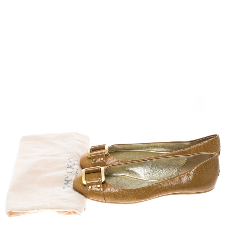 Pre Owned Jimmy Choo Beige Lizard Embossed Leather Morse Buckle Detail Ballet Flats Size 41