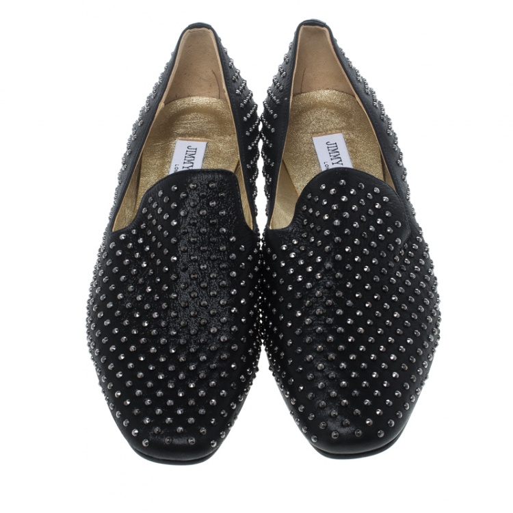 Pre Owned Jimmy Choo Black Studded Shimmering Leather Wheel Smoking Slippers Size 40.5