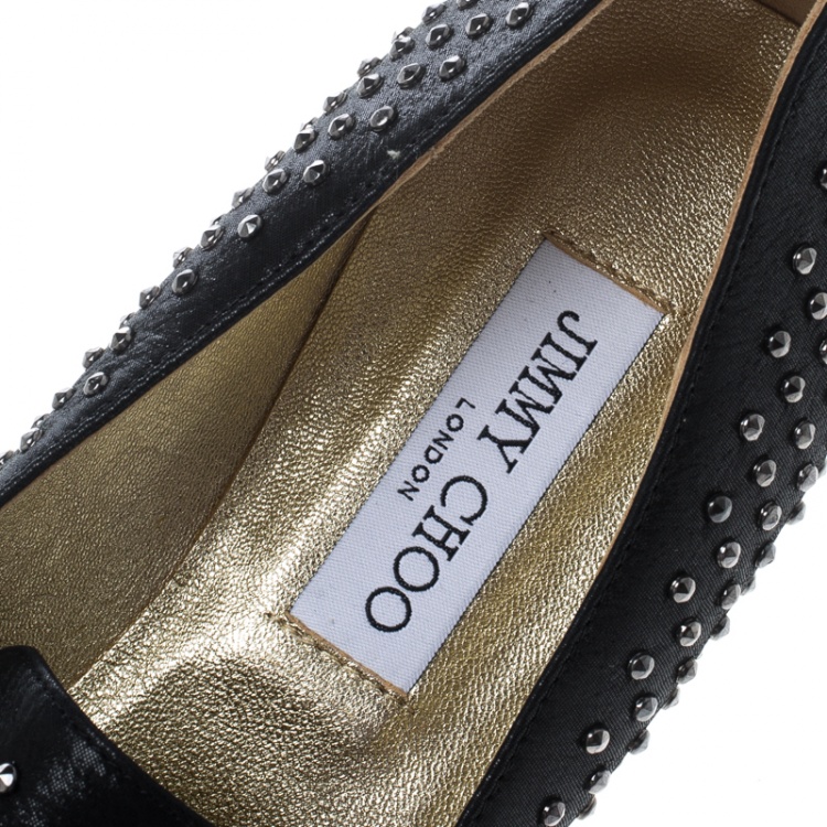 Pre Owned Jimmy Choo Black Studded Shimmering Leather Wheel Smoking Slippers Size 40.5