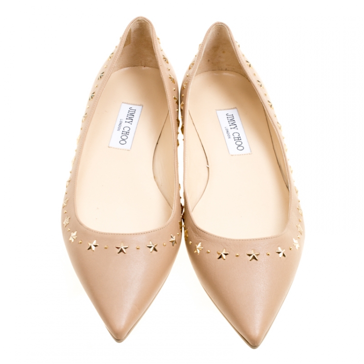 مملوكة مسبقًا Jimmy Choo Beige Leather Windsor Star Embellished Pointed Toe Flats Size 41