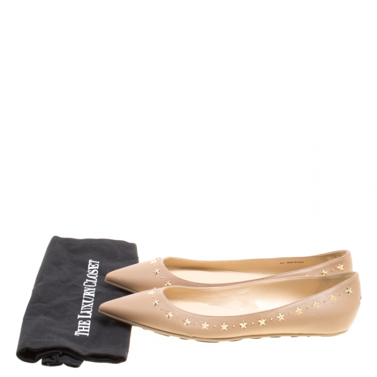 مملوكة مسبقًا Jimmy Choo Beige Leather Windsor Star Embellished Pointed Toe Flats Size 41